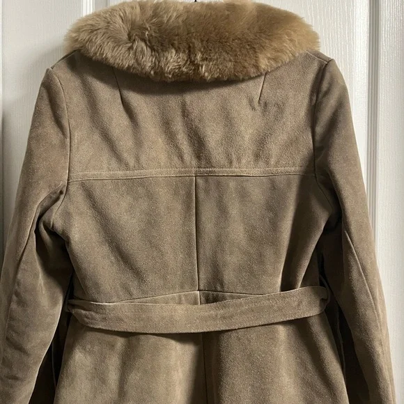 Women's Vintage Suede Fur Lined Brown Fur Collar Coat - Picture 7 of 10